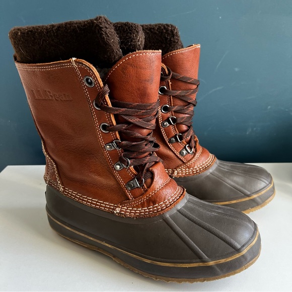 LL BEAN Brown Leather Rubber Rain Snow Boots Size 8 - Picture 10 of 10